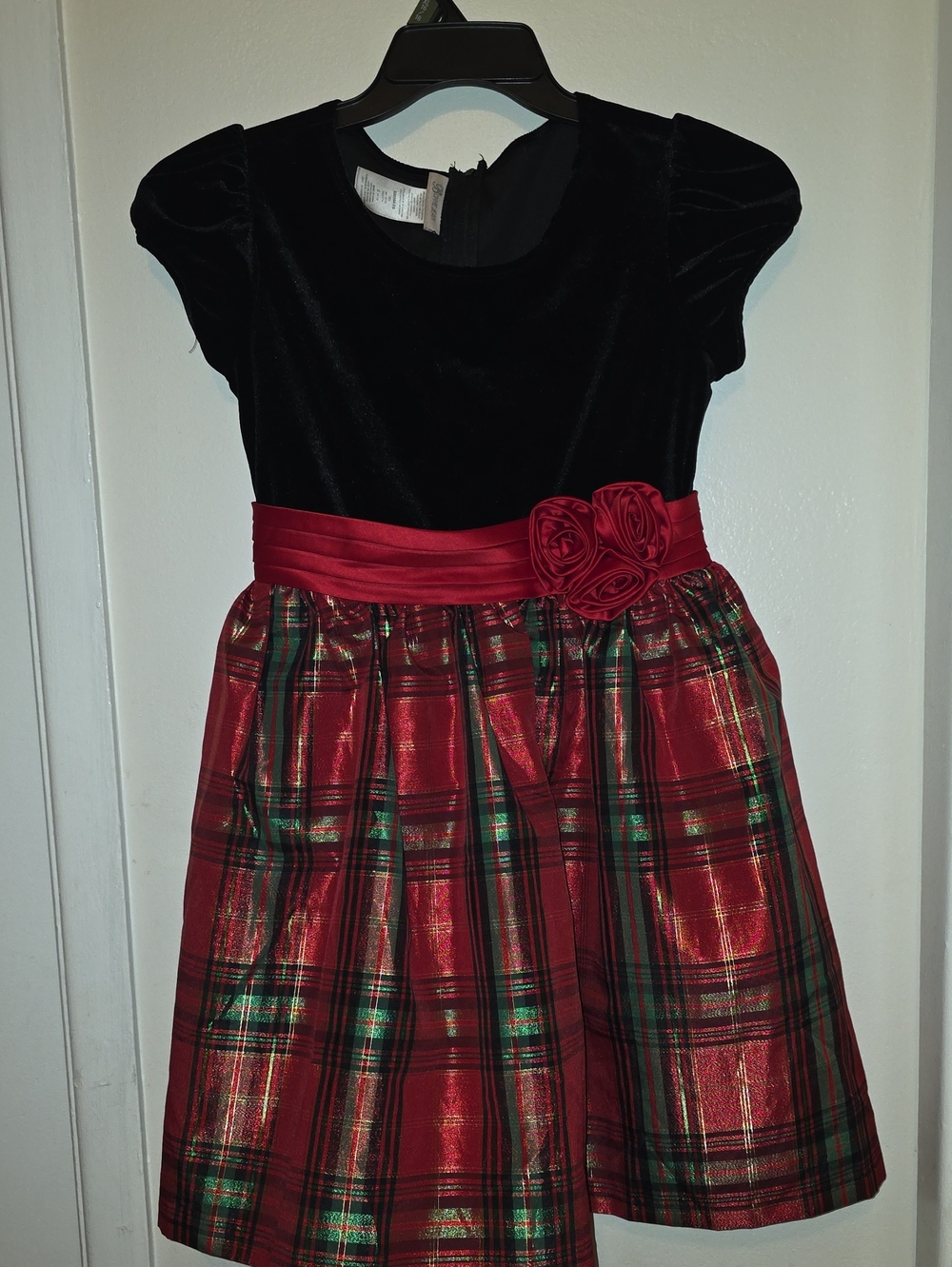 Bonnie Jean Black Velvet Top Red Plaid Holiday Dress with Rose Sash
